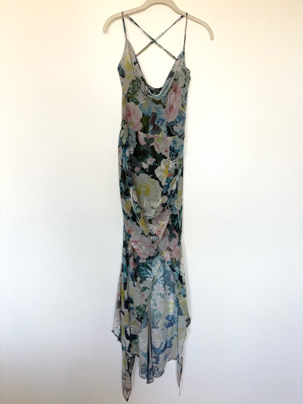 Sau Lee Freida Blue Moody Floral Asymmetrical Dress Mermaid Wedding Guest Size 6 - Picture 7 of 14